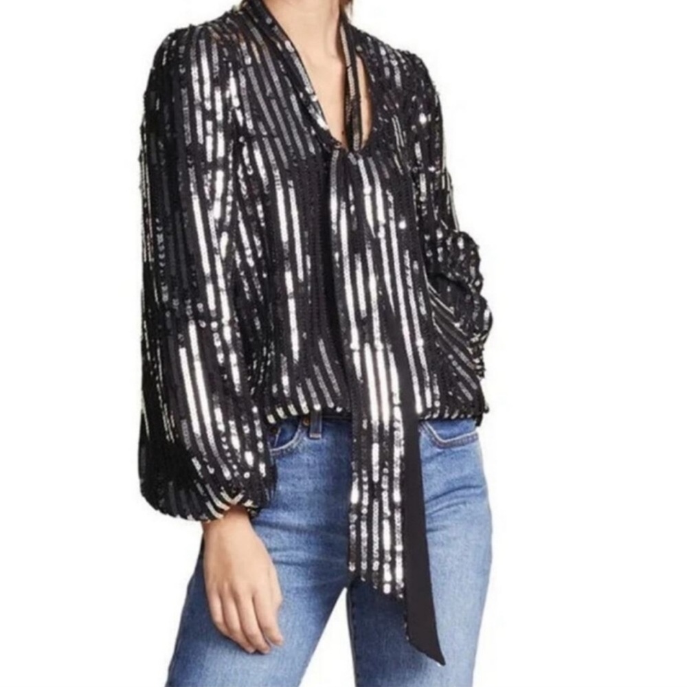 RIXO London Moss‎ Silver Sequin Tie Neck Blouse Black Holiday Glam 70s Disco S